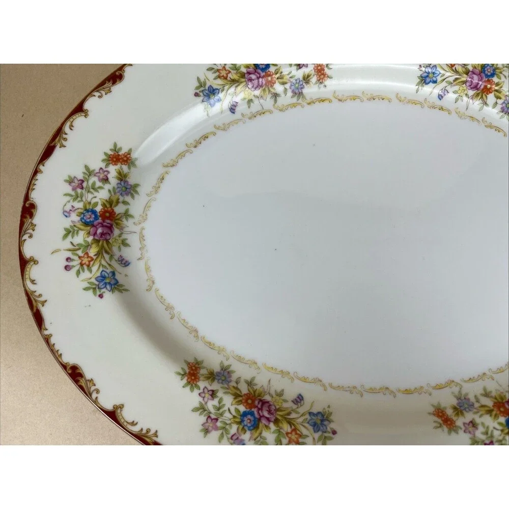 VTG Japanese T Marked Porcelain Platter 14x10.5” Floral Gold Trim Made‎ In Japan